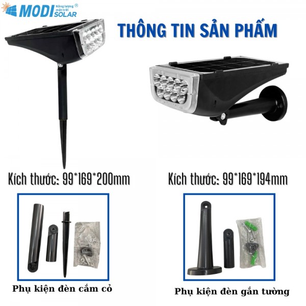 Đèn Cắm cỏ, gắn tường Năng lượng Mặt Trời. Modi Solar SSL01/02. IP65